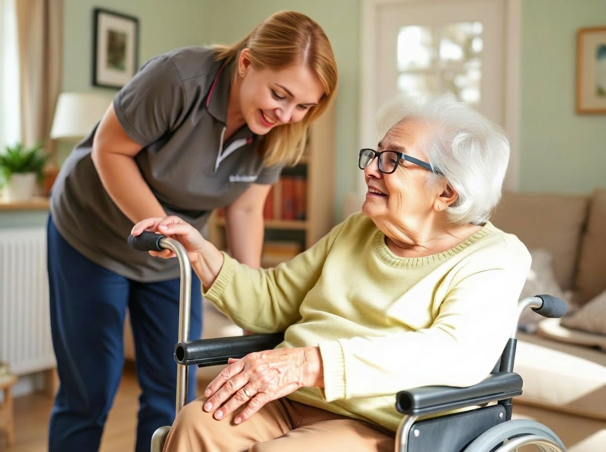 Trained carer assisting an older adult in a wheelchair at home