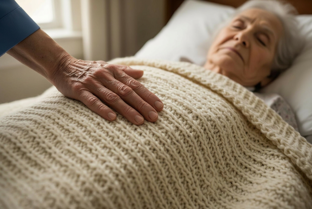 Carer gently arranging a blanket over an elderly person resting comfortably at home